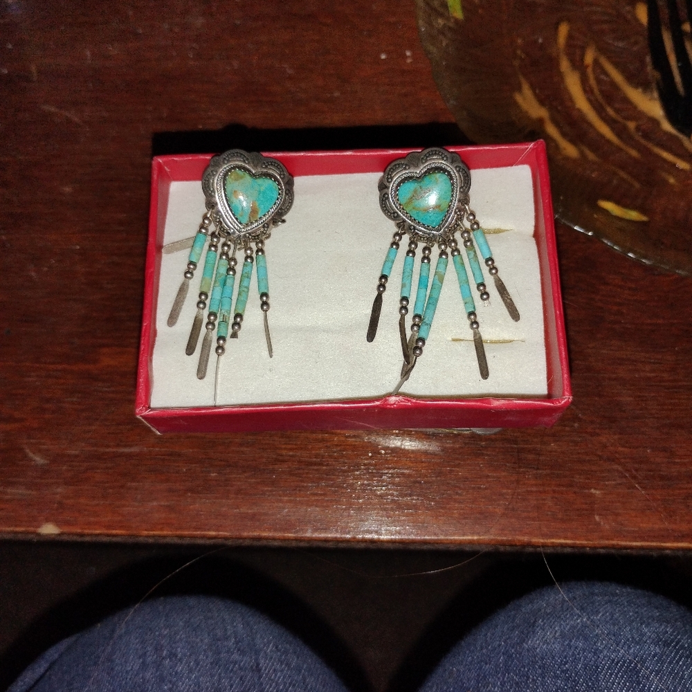 Real Silver And Turquoise Heart-Shaped Earrings